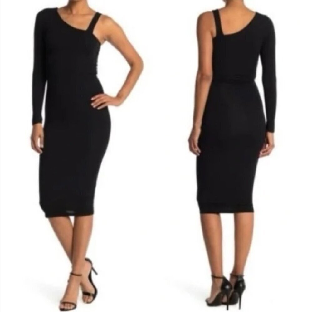 Good American One Sleeve Stretchy Jersey Knit Dress Black Size 3 Large Women's